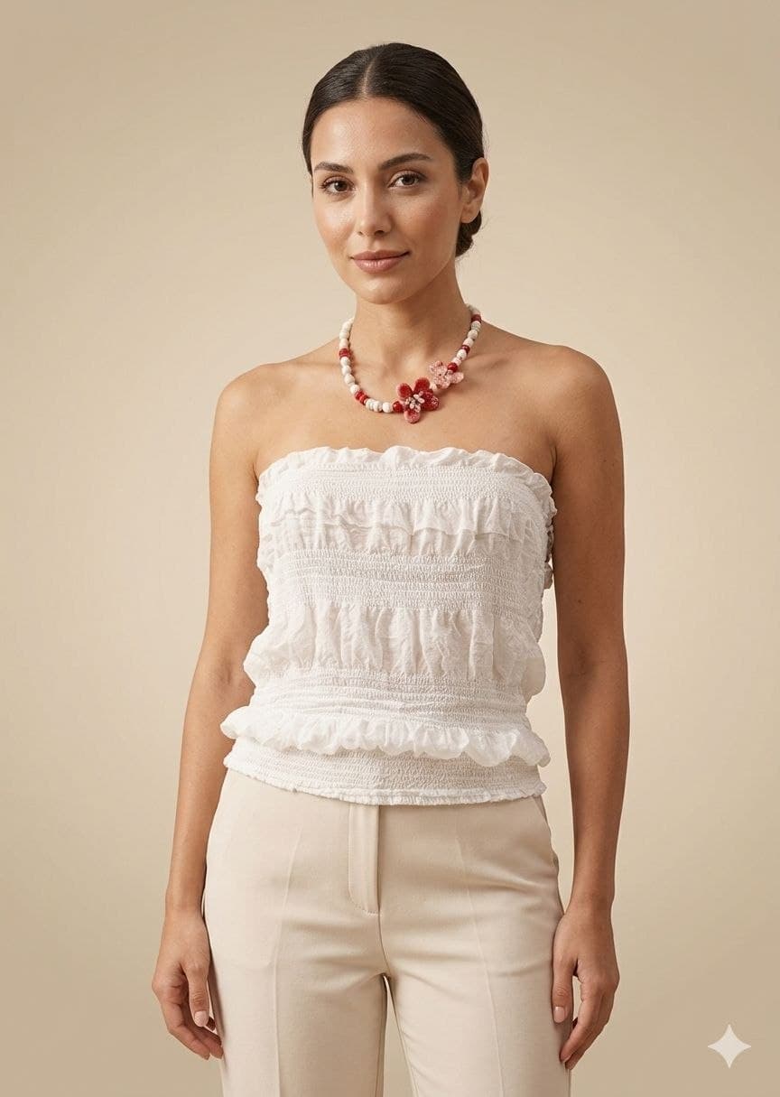 Büzgü Bustier İpek Bluz — Beyaz